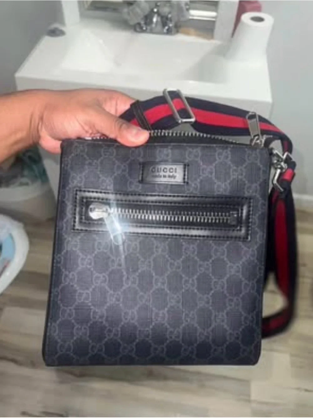 Gucci Black GG Supreme Messenger with Red and Blue Web Strap
